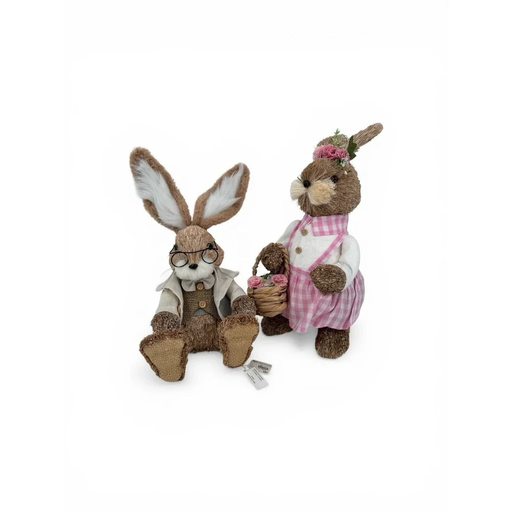 Vintage Pier 1 Sisal Straw Easter Bunny Set Of‎ 2 Dad (new) & Mom Spring Whimsy
